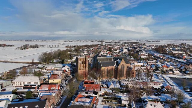 Snow-covered historic town in winter