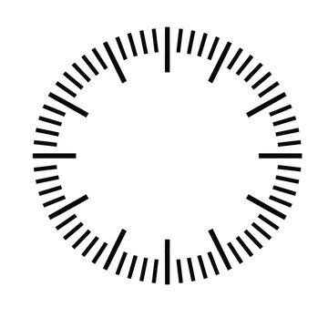 A simple black and white illustration of a clock face with minute and hour markers, but no hands, set against a plain white background.