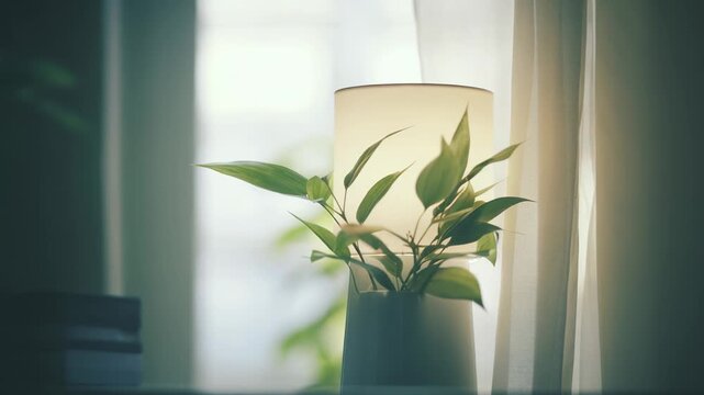 Fresh green plant bringing natural beauty and a tranquil ambiance to a minimalistic living space, creating a cozy and serene atmosphere with soft, indirect lighting from a nearby window
