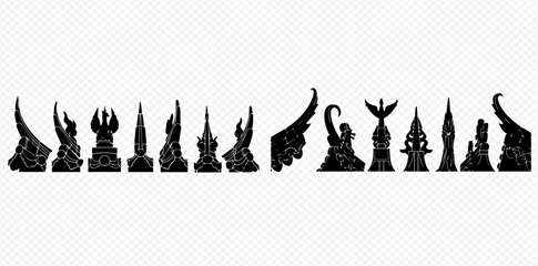 Set of black silhouettes of fantasy architectural elements and ornaments, isolated on a transparent background, suitable for game design or graphic projects.