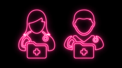 Vibrant Pink Neon Line Art Icons of Doctors and Nurses with Medical Records - Digital Health Concept