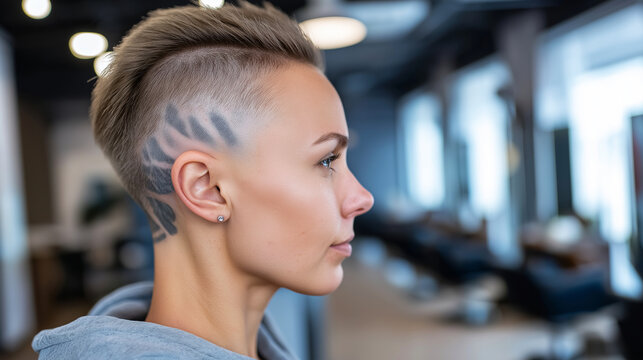 Woman standing in profile, showcasing a bold undercut haircut with intricate shaved designs and short styled hair