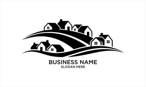 Monochromatic Village Landscape Logo Design with Winding Path.