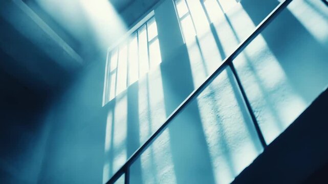 Window light rays cutting through haze, falling across a concrete stairwell and banister, symbolizing concepts of hope, guidance, and escape from confinement or darkness