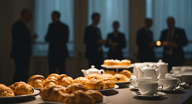Business meeting refreshments with croissants and coffee cups on a table