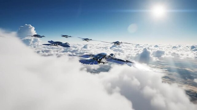 Military Fighter Jets Flying in Formation Above Clouds at Sunrise, Aerospace, Aviation