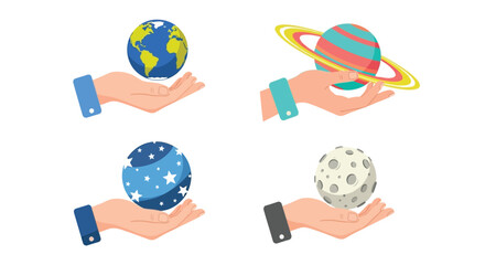 Hands holding colorful planets and celestial bodies in a cartoon style © Naksha