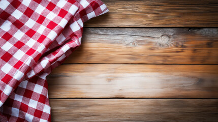 Obraz premium Rustic wooden table background with a red and white checkered picnic tablecloth, ideal for food concepts