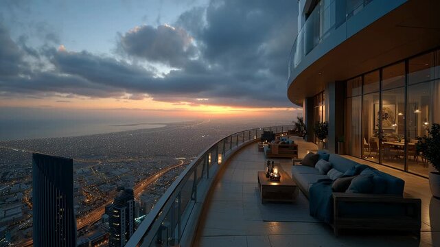 Serene modern terrace with comfortable seating and panoramic view of Dubai's skyline during a timelapse