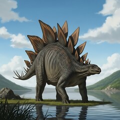 Fototapeta premium Stegosaurus dinosaur standing by a lake.