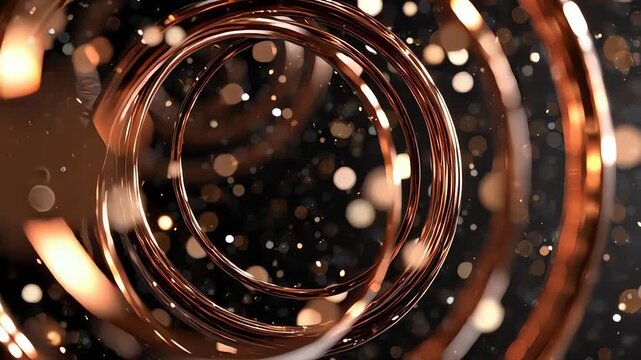Abstract golden copper rings with shimmering particles create a luxurious dynamic background for modern design