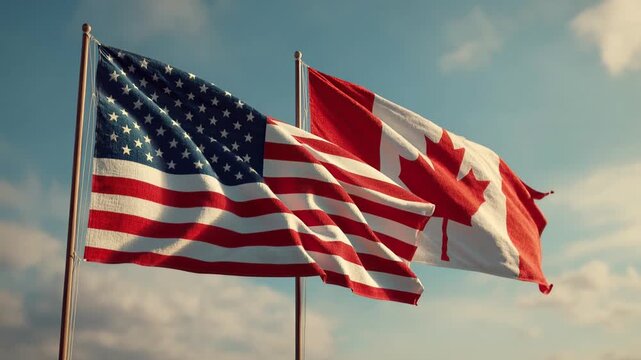 USA and Canada Flags Waving Side by Side