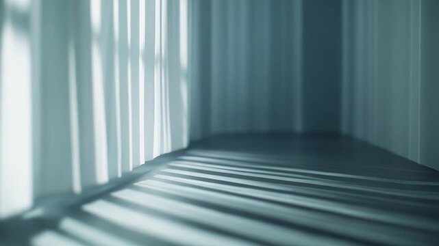 Room interior showing striped light and shadow patterns on minimalistic walls and floor, creating an empty space background or product display platform