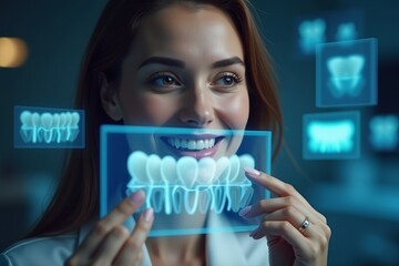 Stunning Woman Uses Holographic Screen to Explore Future AI-Driven Dental Analysis for a Flawless Smile
