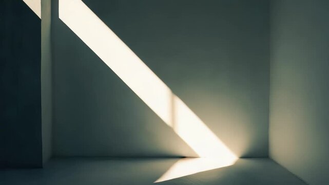 Interior space showing bright diagonal sunlight creating strong geometric light and shadow patterns on minimalist walls and floor, representing new beginnings and abstract concepts