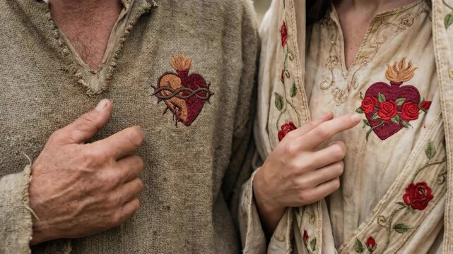 Man and woman pointing at sacred heart embroidery, showing devotion and faith. Religious symbolization of love, Christ, redemption, spirituality.