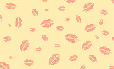 Seamless light yellow background with coral pink hand-drawn lips pattern, Valentine's day background, romantic, wedding, holidays background