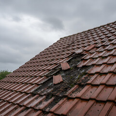 Fototapeta premium Close-Up of Storm-Damaged Roof with Displaced and Broken Tiles – Leak Risk and Repair Concept