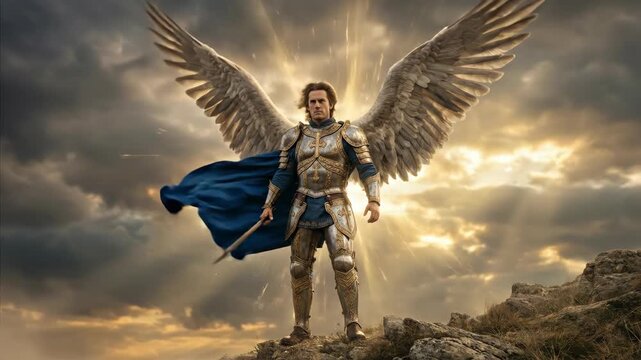 Archangel michael, a man in armor with wings, holding a sword on mountain as a protector of good against evil forces.