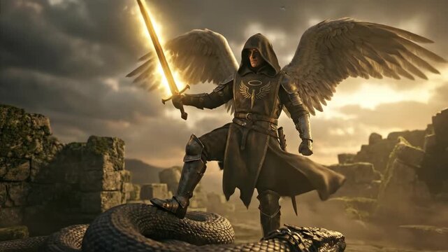 Archangel michael victory over chained serpent in stormy sky. Religious conflict with glowing sword. Spiritual battle, mythical warrior art.
