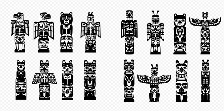 Collection of traditional Native American totem poles with various animal and human figures in black and white.