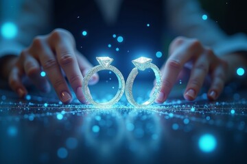 Holographic Screens Depict Virtual Reality of Couple's Marriage and Engagement Rings, Signifying Divorce and Separation