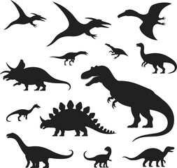 Prehistoric Dinosaur Vector Silhouette Set, Featuring T-Rex, Triceratops, Flying Pterodactyl, and Herbivorous Species for Children's Educational Graphics © Ponkaj