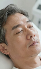 Obraz premium older korean male graying facial hair worn skin undergoing skin lifting treatment serene