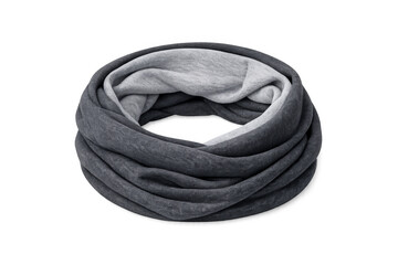 Naklejka premium Gray soft wool infinity scarf protecting neck in winter
