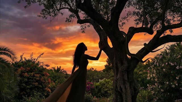 Woman as eve in silhouette reaching for fruit on tree with serpent at sunset, garden of eden concept for bible story.