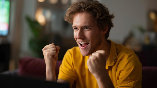 Faceless excited person screaming and showing win gesture near television and multicultural sports fans victory celebration match triumph enthusiastic reaction with copy space