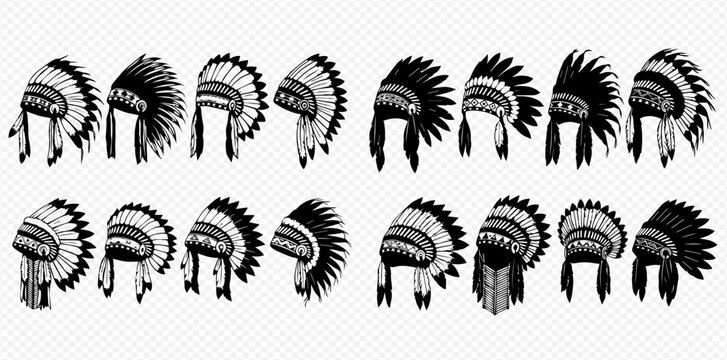 Set of Native American Indian chief headdresses with feathers, traditional tribal war bonnets, black and white vector illustration.