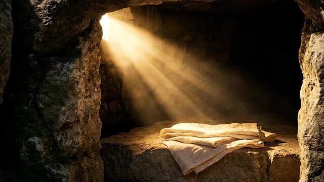 Empty tomb of Jesus Christ bathed in divine light. Resurrection concept with burial cloths, symbolizing Easter and hope.