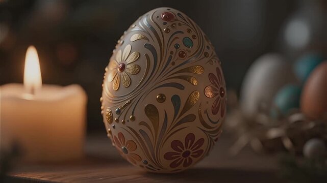 Beautifully painted Easter egg with floral patterns standing on wooden table near burning candle