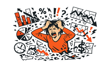 Obraz premium Flat vector illustration of a stressed woman holding her head, surrounded by chaotic financial symbols including falling charts, broken graphs, percentages, clocks, and currency signs.