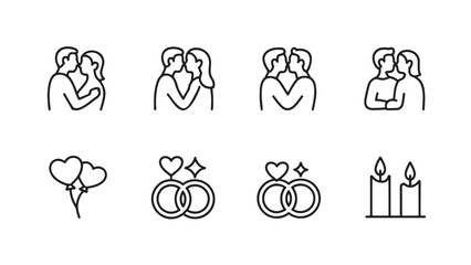 Fototapeta premium Romantic Love and Celebration Line Art Icons Set Featuring Rose, Engagement Ring, Perfume, Wine, Hearts, Candle, and Gift Tag for Valentine's Day and Weddings