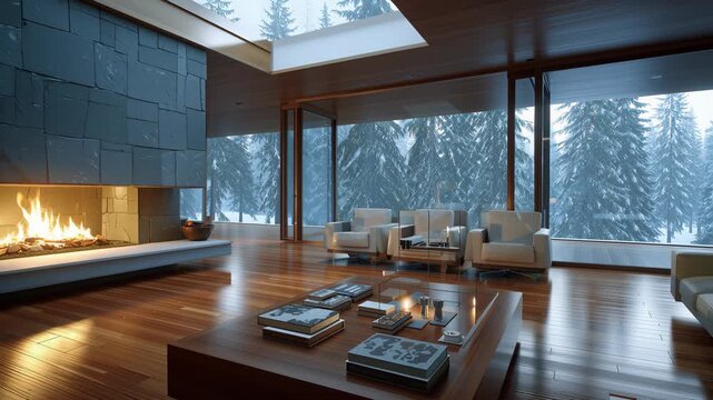 A futuristic chalet in the European mountains with a transperant glass roof and Scandinavian minimalistic interiors surrounded by a snowy pine tree forest