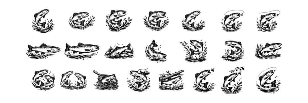 Trout Fishing Illustration Set &ndash; Vintage Engraving Style Trout with Splash Designs