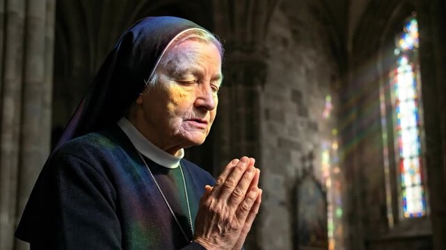 Eloquent elder nun prays in church, her eyes closed, with stained glass rainbow lights reflecting on her face, in a religious catholic setting.