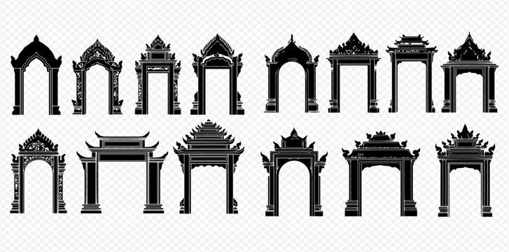 Set of black silhouettes of traditional Asian gates and arches, vector illustration on transparent background.