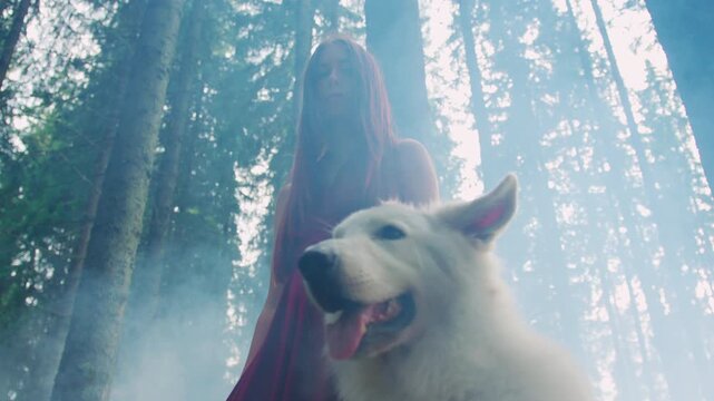 A woman in a red dress wanders through a mystical forest with a wolf