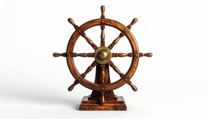 Obraz premium Traditional wooden ship wheel with eight spokes mounted upright on a stand, polished finish, nautical style.