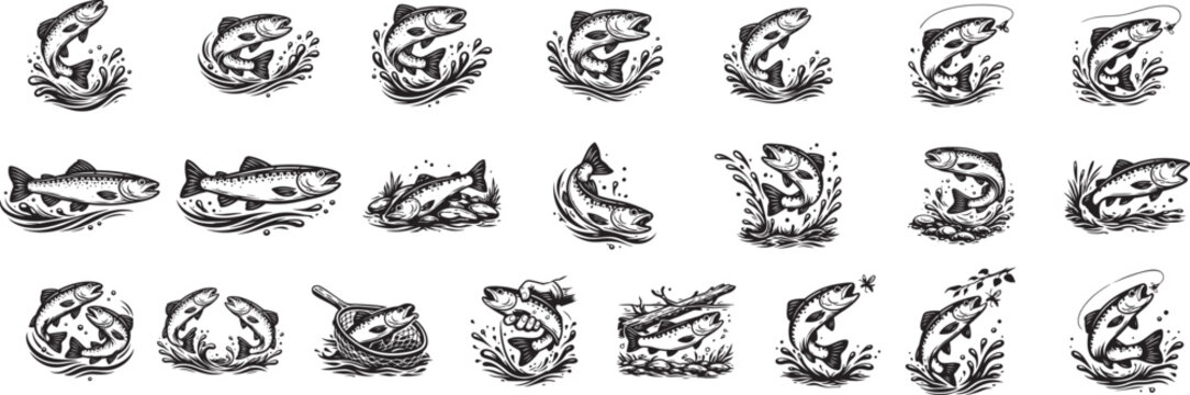 Trout Fishing Illustration Set &ndash; Vintage Engraving Style Trout with Splash Designs