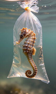 seahorse partially submerged calm seawater floats listlessly inside discarded transparent plastic bag bathed warm sunlight soft