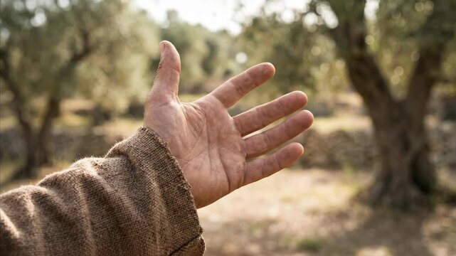 Man extends hand in ancient linen robes among olive trees. Religious concept of Jesus Christs outstretched hand for divine guidance.