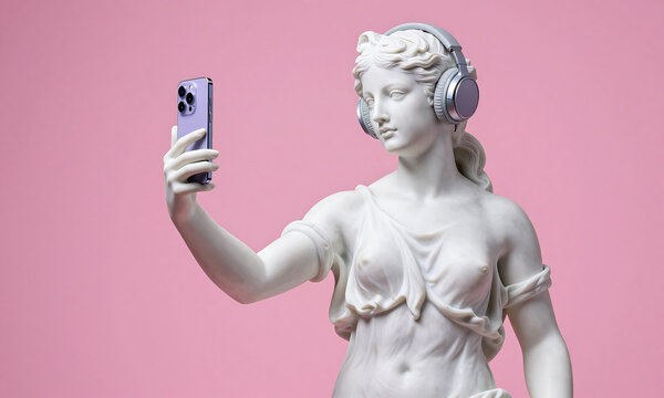 statuesque figure goddess venus posed bright pink backdrop wearing sleek headphones holding sleek smartphone