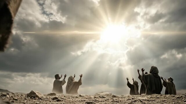 A group of religious men watching a figure ascend towards a bright light in the sky, an illustration of the ascension of Jesus Christ.