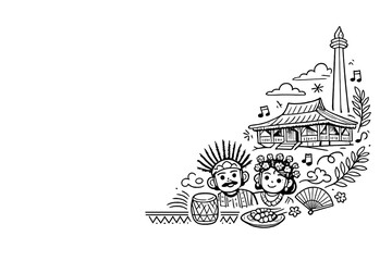 Obraz premium Indonesian Culture Doodle Illustration - Monas Tower, Traditional House, Couple, Gamelan, Food and Fan Line Art Vector