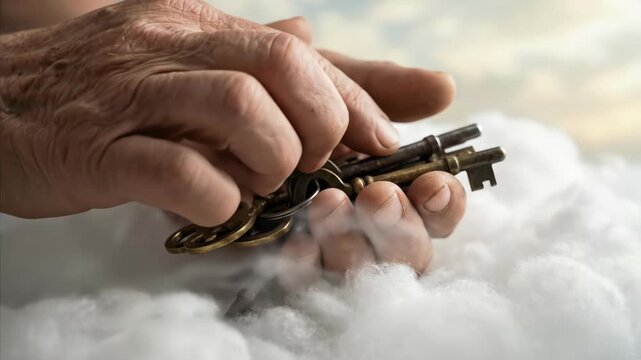 Man holding a bunch of ancient keys on a fluffy cloud, symbolizing spiritual power and authority over heaven