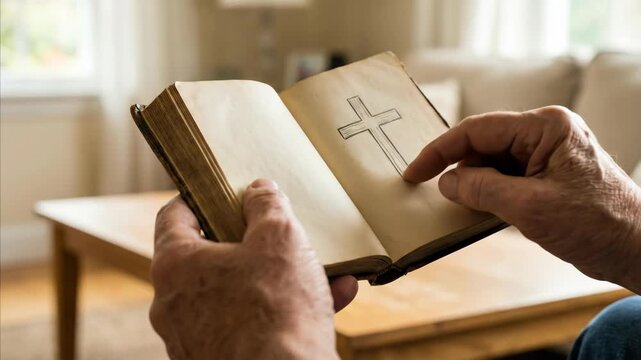 Elder man reading old bible with a drawing of a cross, concept of faith and religious study